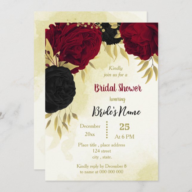 Invitación flores rojas negras hojas de oro ducha de novia (Anverso / Reverso)