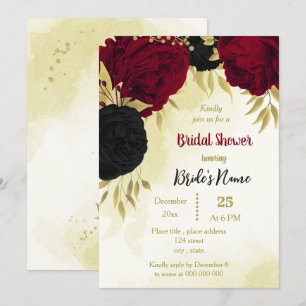 Invitación flores rojas negras hojas de oro ducha de novia