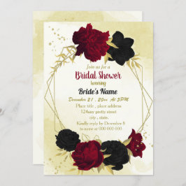 Invitación flores rojas negras hojas de oro ducha de novia