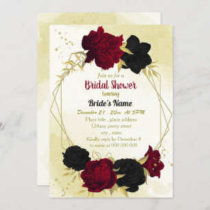 Invitación flores rojas negras hojas de oro ducha de novia