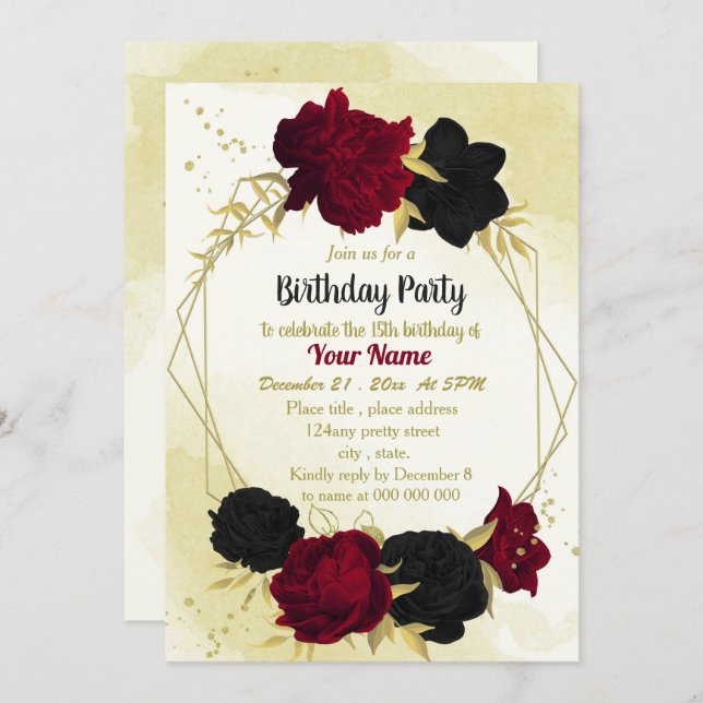 Invitación flores rojas negras oro cumpleaños (Anverso / Reverso)