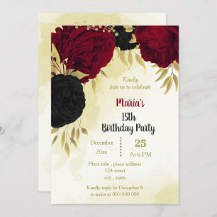Invitación flores rojas negras oro cumpleaños