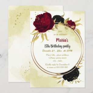 Invitación flores rojas negras oro cumpleaños