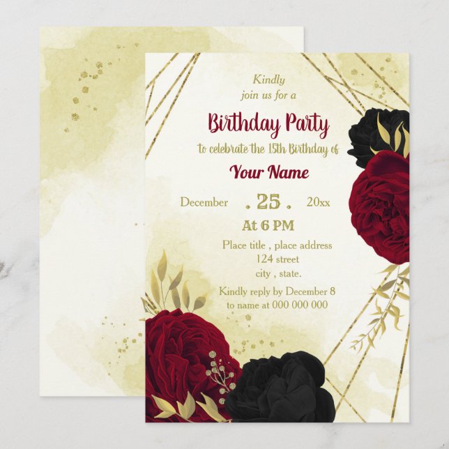 Invitación flores rojas negras oro cumpleaños (Anverso / Reverso)