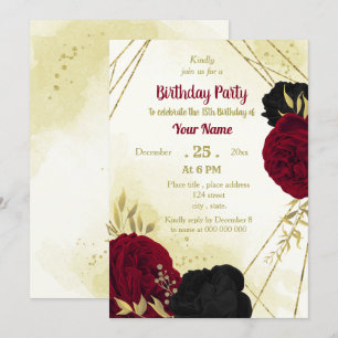 Invitación flores rojas negras oro cumpleaños