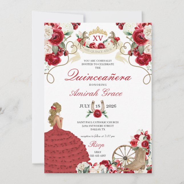 Invitación Flores rojas Nova Occidental Quinceañera (Anverso)