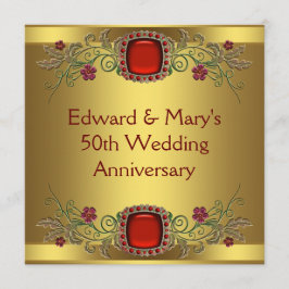 Invitación Flores Rojas Oro Fiesta del 50 Aniversario de Boda