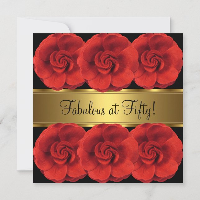Invitación Flores Rojas Oro Negro Cumpleaños Fabuloso 50 (Anverso)