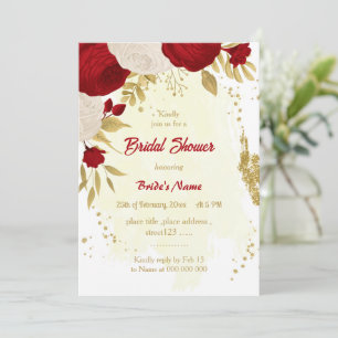 Invitación flores rojas oscuras y blancas regadera de boda de