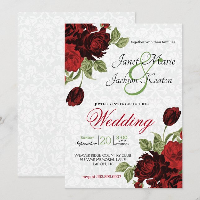 Invitación Flores rojas profundas (Anverso / Reverso)