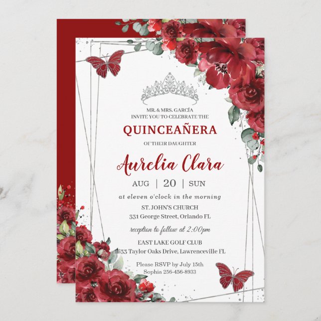 Invitación Flores rojas Quinceañera Floral Plata Mariposa (Anverso / Reverso)