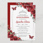 Invitación Quinceañera Burgundy Rubor Floral Princesa Tiara 