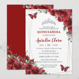Invitación Flores rojas Quinceañera Floral Plata Mariposa