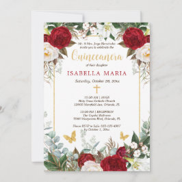 Invitación Flores rojas Relieve metalizado dorado mariposas Q