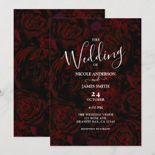 Invitación Flores Rojas Románticas Jardín Oscuro Boda Glamuro