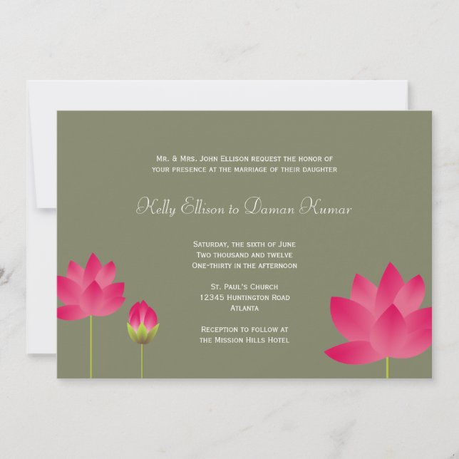 Invitación Flores rojas rosadas de loto té moderno boda verde (Anverso)