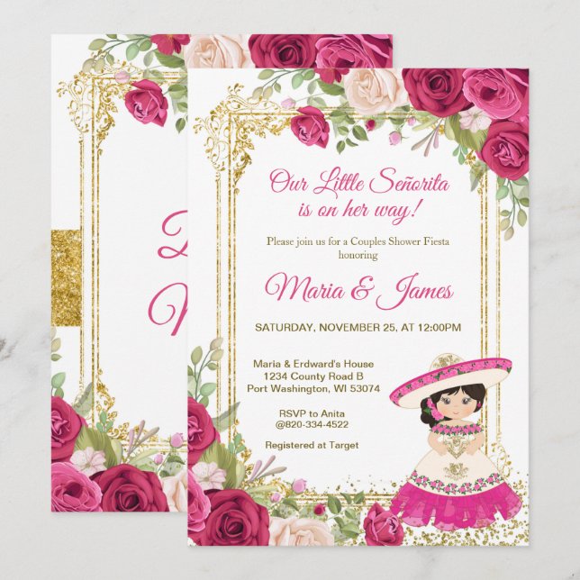 Invitación Flores Rojas Rosadas Ducha Pareja De Fiesta Mexica (Anverso / Reverso)