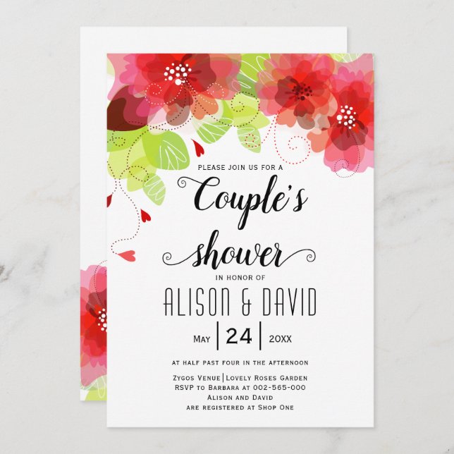 Invitación Flores rojas, rosadas etéreas, bodas parejas ducha (Anverso / Reverso)