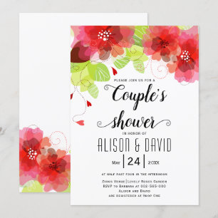 Invitación Flores rojas, rosadas etéreas, bodas parejas ducha