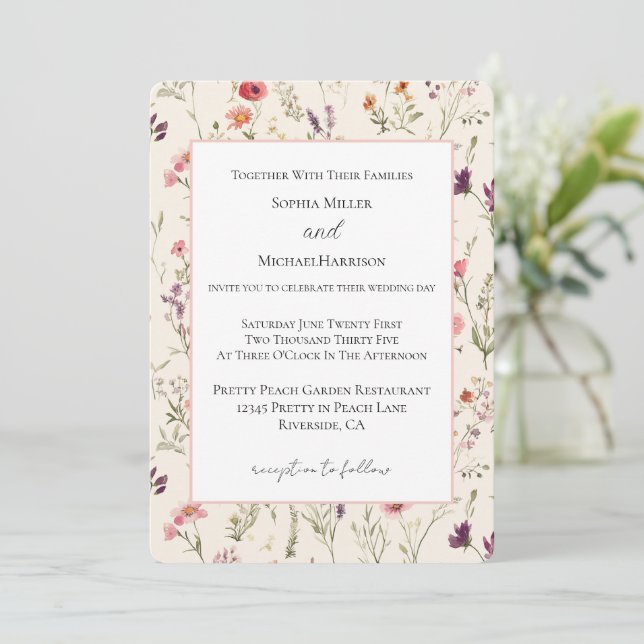 Invitación Flores rojas rosadas moradas bonitas boda    (Anverso de pie)