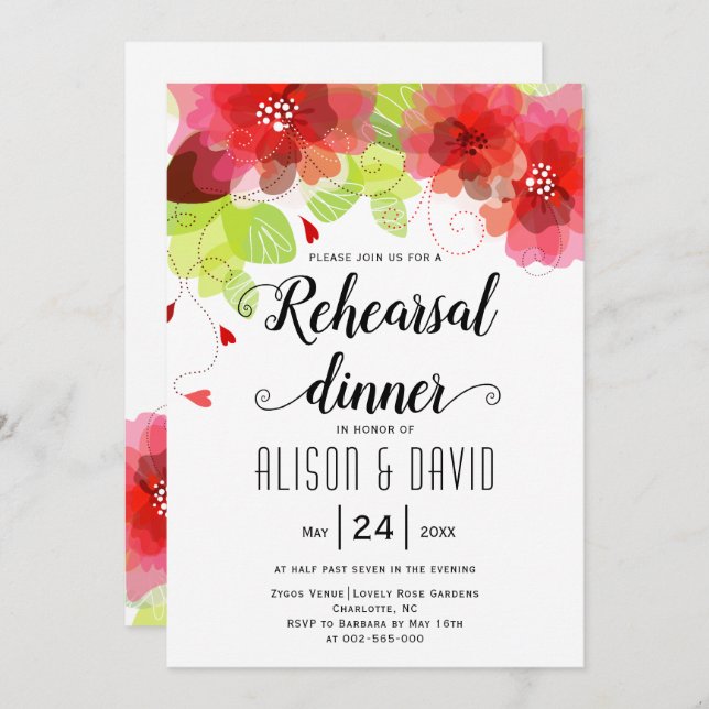 Invitación Flores rojas, rosas, boda de ensayo cena (Anverso / Reverso)
