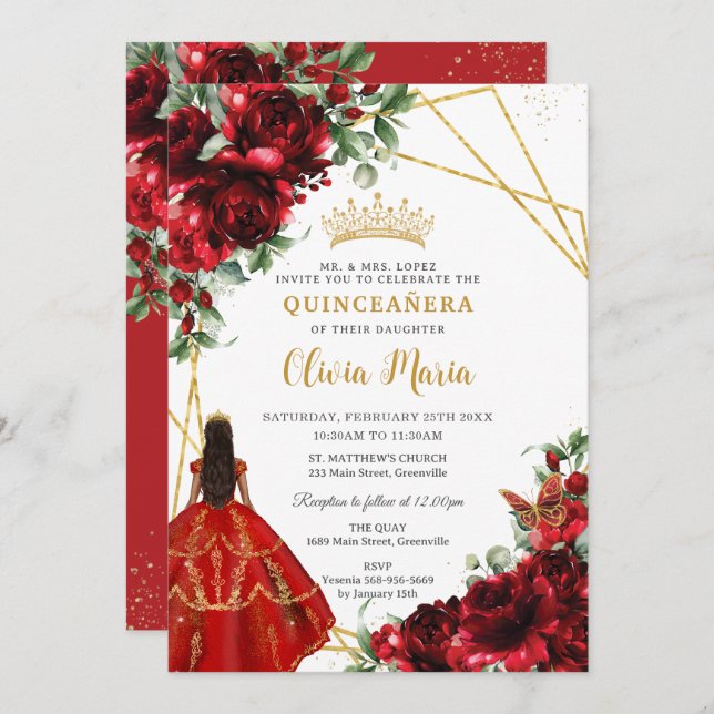 Invitación Flores rojas vibrantes Princesa Quinceañera (Anverso / Reverso)