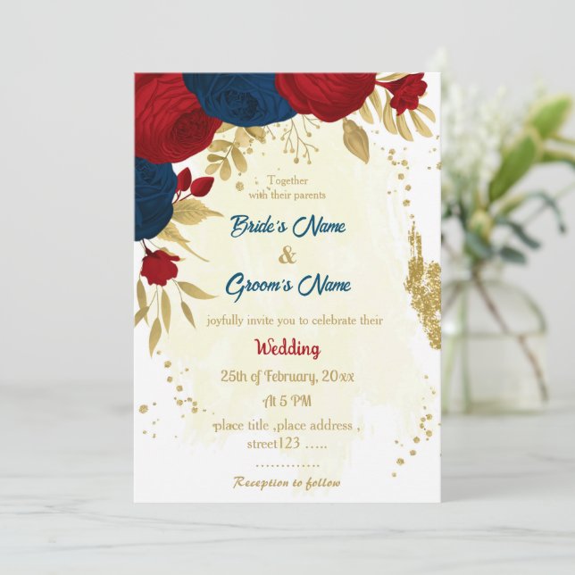Invitación flores rojas y azul marino hojas de oro boda (Anverso de pie)