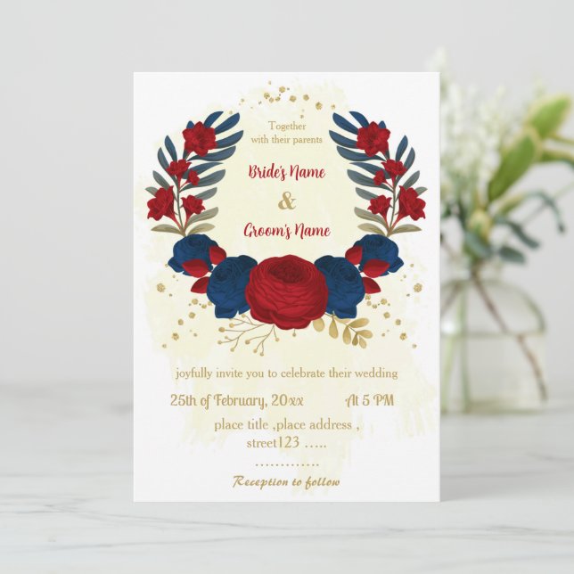 Invitación flores rojas y azul marino hojas de oro boda (Anverso de pie)