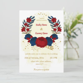 Invitación flores rojas y azul marino hojas de oro boda