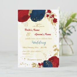 Invitación flores rojas y azul marino hojas de oro boda