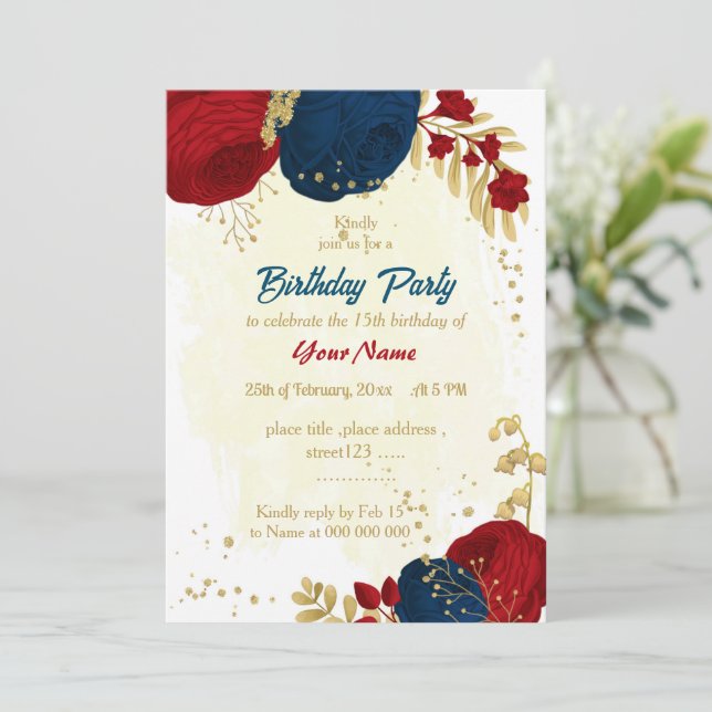 Invitación flores rojas y azul marino hojas de oro cumpleaños (Anverso de pie)