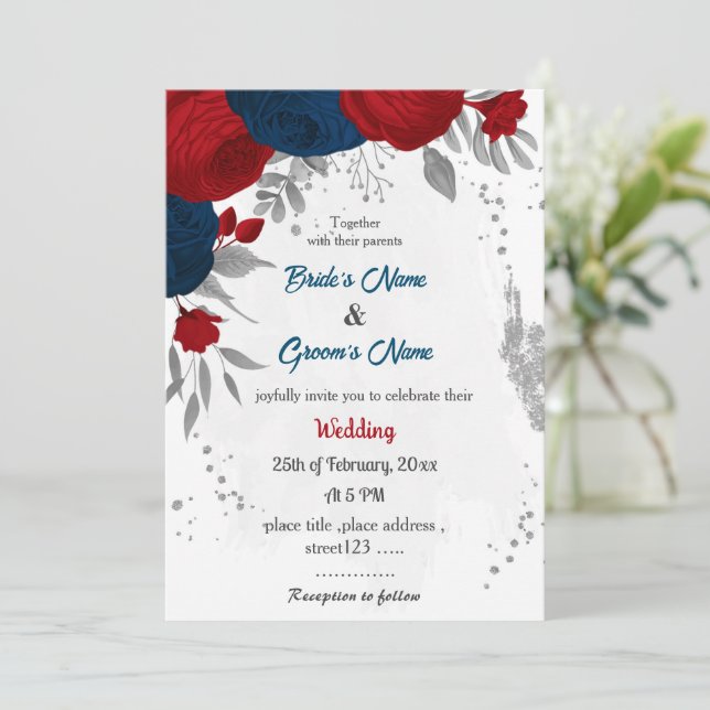 Invitación flores rojas y azul marino hojas de plata boda (Anverso de pie)