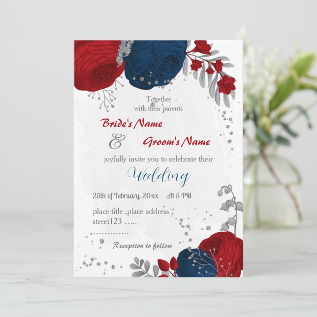 Invitación flores rojas y azul marino hojas de plata boda (Anverso de pie)