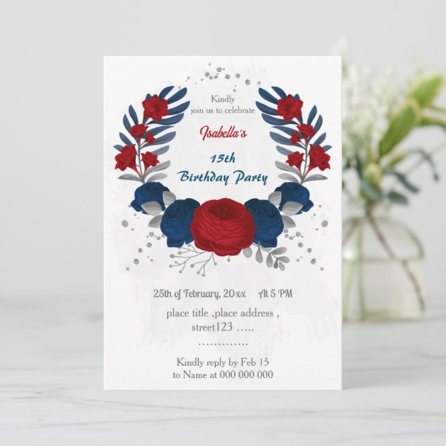 Invitación flores rojas y azul marino hojas de plata cumpleañ (Anverso de pie)