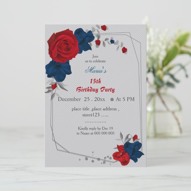 Invitación flores rojas y azul marino invitat de cumpleaños g (Anverso de pie)