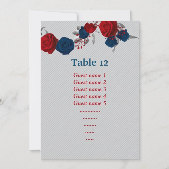 Invitación flores rojas y azul marino número de tabla de asie (Anverso)