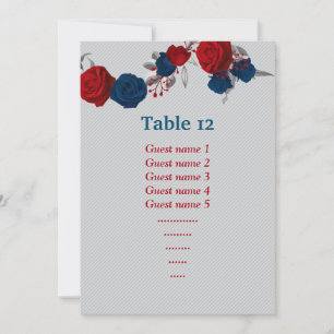 Invitación flores rojas y azul marino número de tabla de asie