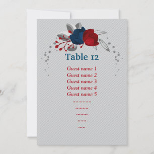 Invitación flores rojas y azul marino número de tabla de asie