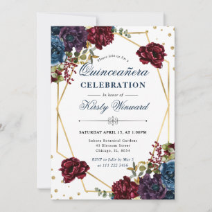 Invitación Flores rojas y azules de invierno y marco Quinceañ