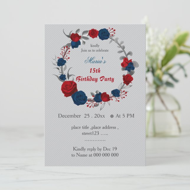 Invitación flores rojas y azules de la marina de cumpleaños (Anverso de pie)