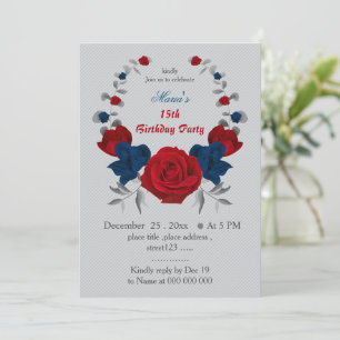 Invitación flores rojas y azules de la marina de cumpleaños