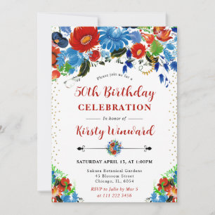 Invitación Flores Rojas y Azules en Acuarela para 50 Cumpleañ