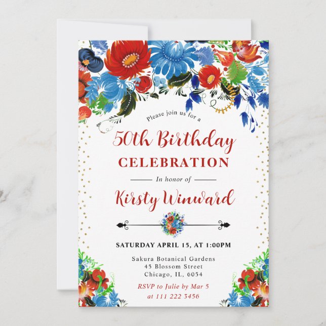 Invitación Flores Rojas y Azules en Acuarela para 50 Cumpleañ (Anverso)