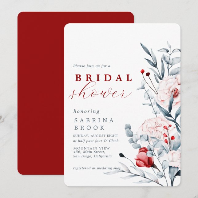 Invitación Flores Rojas Y Azules Florales Ducha De Novias (Anverso / Reverso)
