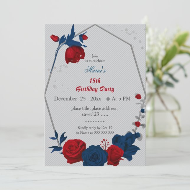 Invitación flores rojas y azules marinas cumpleaños geomomera (Anverso de pie)