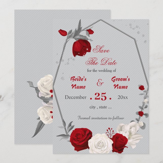 Invitación flores rojas y blancas geométricas guardar la fech (Anverso / Reverso)