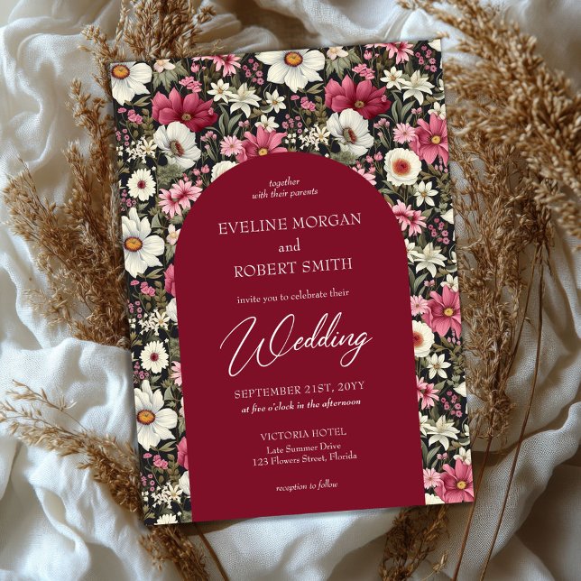 Invitación Flores rojas y blancas silvestres de Boho (retro flat burgundy pink and white wild flowers cotagecore wedding invitation)