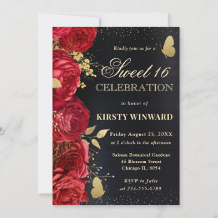 Invitación Flores rojas y doradas elegantes Sweet Sixteen
