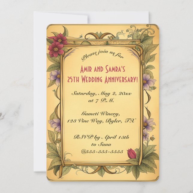 Invitación Flores rojas y enredaderas verdes editables (Anverso)
