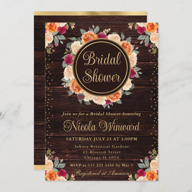 Invitación Flores rojas y Naranjas caídas Wreath Bridal Showe (Anverso / Reverso)